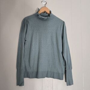 Ann Taylor Ruffle Mock Neck Sweater Puffy Sleeves Green Size L